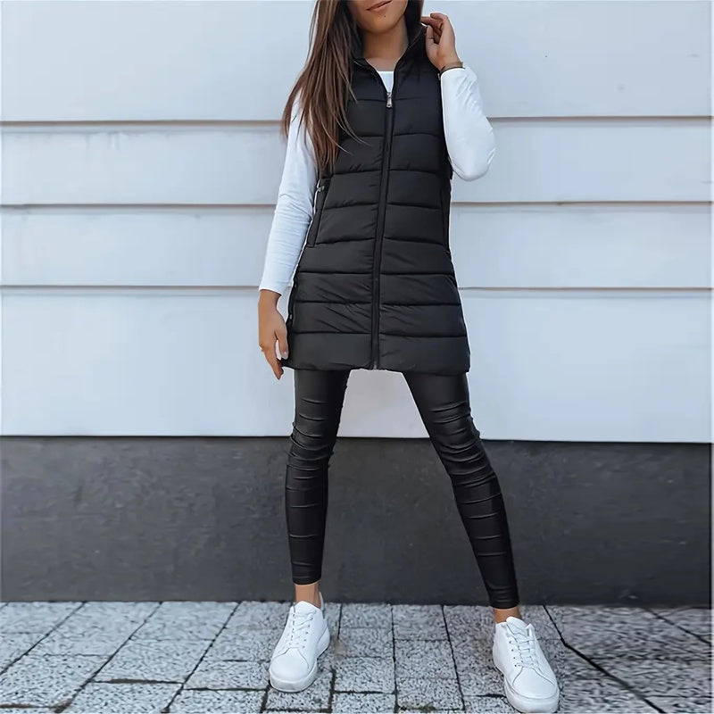 Women's Solid Color Sleeveless Hooded Vest, Mid-Length Zip-Front Waistcoat With Pockets For Spring And Fall Layering