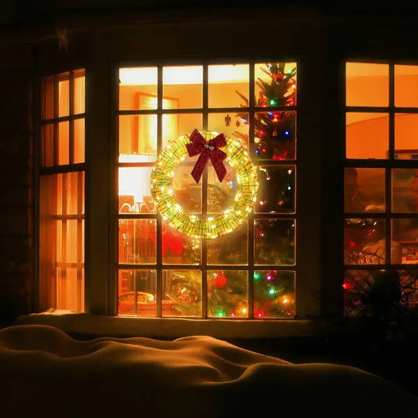 24in Pre-lit Iridescent Outdoor Christmas Wreath Decoration, Lighted Metal Wreath With Red Bow, Warm White LED Lights, For Front Door Gate Wall Indoor Outdoor Holiday Party - The Premium