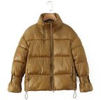 Golden Stand-up Collar Double Zipper Puffer Coat For Women