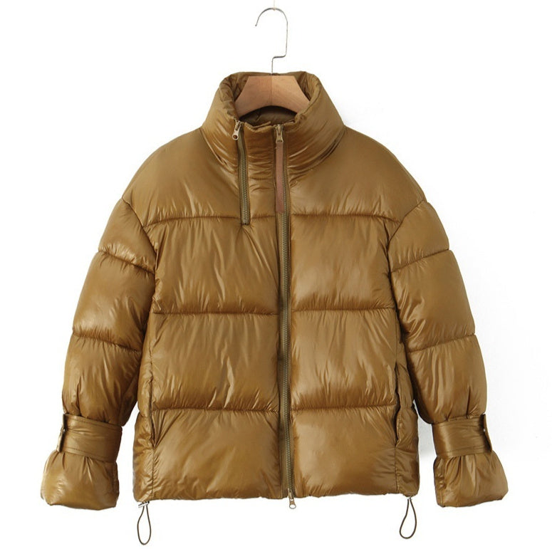 Golden Stand-up Collar Double Zipper Puffer Coat For Women