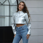 Women's Fashion Metallic Stand-collar Zipper Jacket