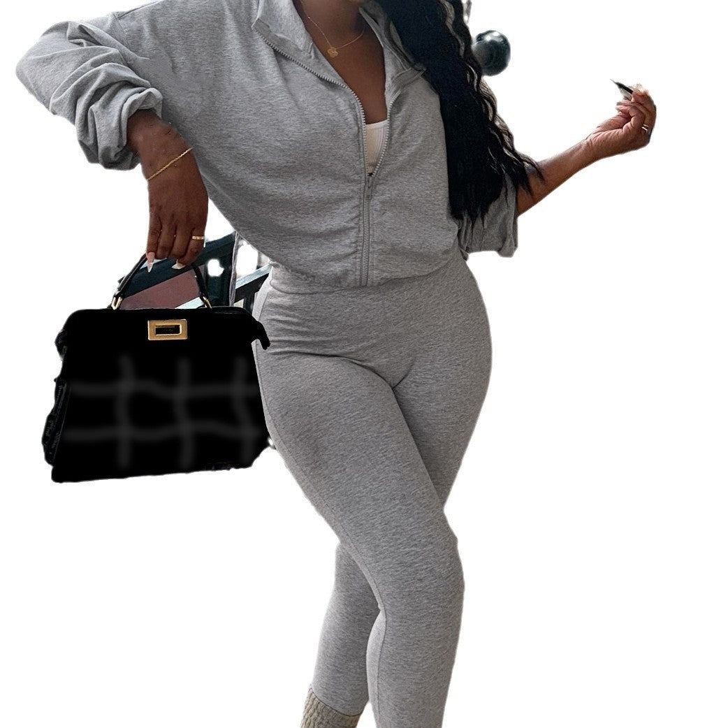 Solid Color Zipper Long Sleeve Top With Slim Pants