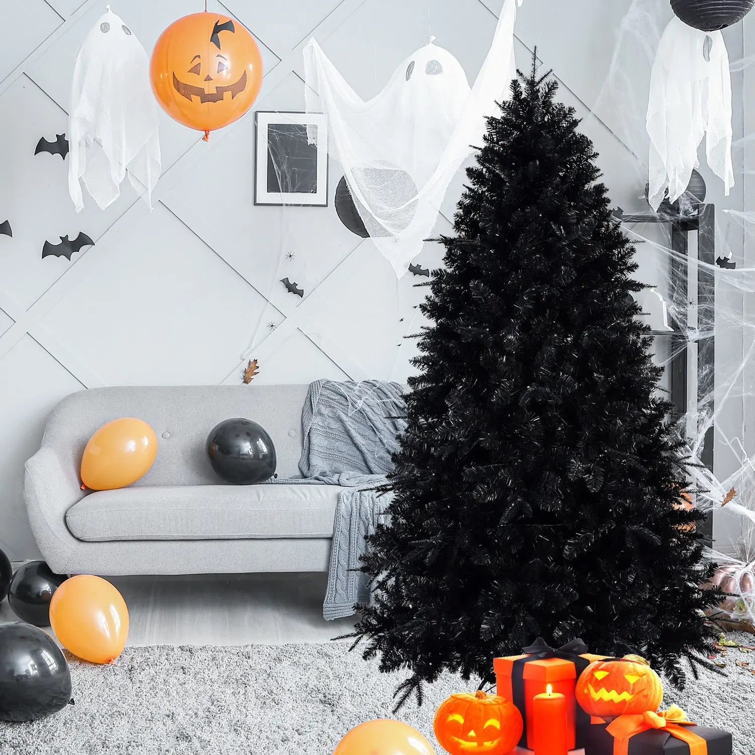 7-Foot Decorative Black Halloween Christmas Tree Artificial Holiday Decoration For Home, Office, And Halloween Parties. Includes 1,916 Branch Tips, 450 Lights, Metal Hinges, And A Foldable Base. - The Premium