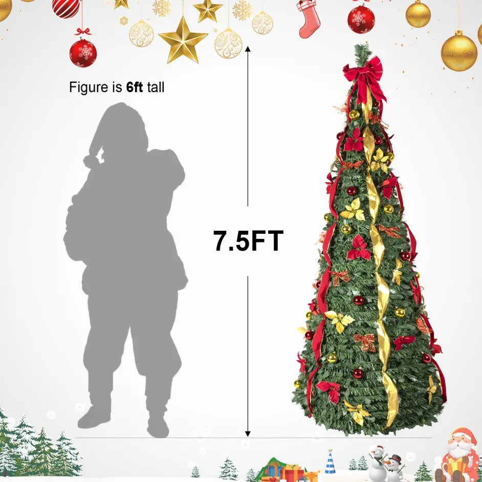 7.5ft Pre-lit Pre-decorated Christmas Tree Pop-up Christmas Tree, 2-Minute Setup Holiday Party Decoration With Red And Gold Christmas Ball Ornaments And Gold Ribbon Bows - The Premium