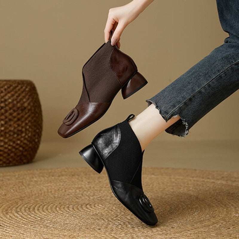 Soft Leather Retro Chunky Heel Women's Shoes