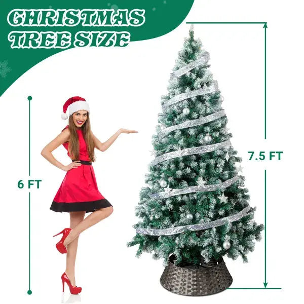 7.5 FT Artificial Snow Tipped Christmas Tree With DIY 350 Warm Lights Remote Control, Hinged Xmas Pine Tree With Silver Ribbon Ornaments For Holiday Party Office Home, Green & Snow Tipped - The Premium