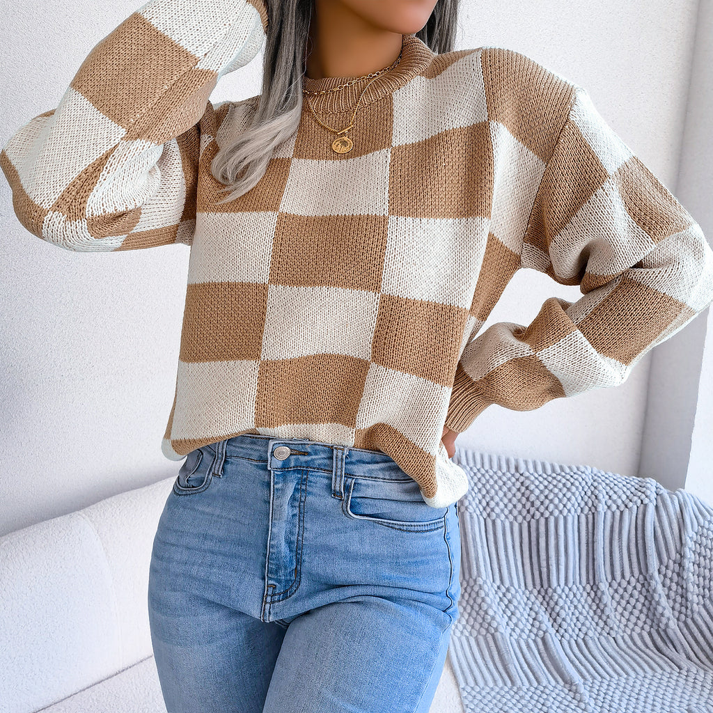 Street Style Color Block Plaid Long Sleeve Pullover Knit Sweater