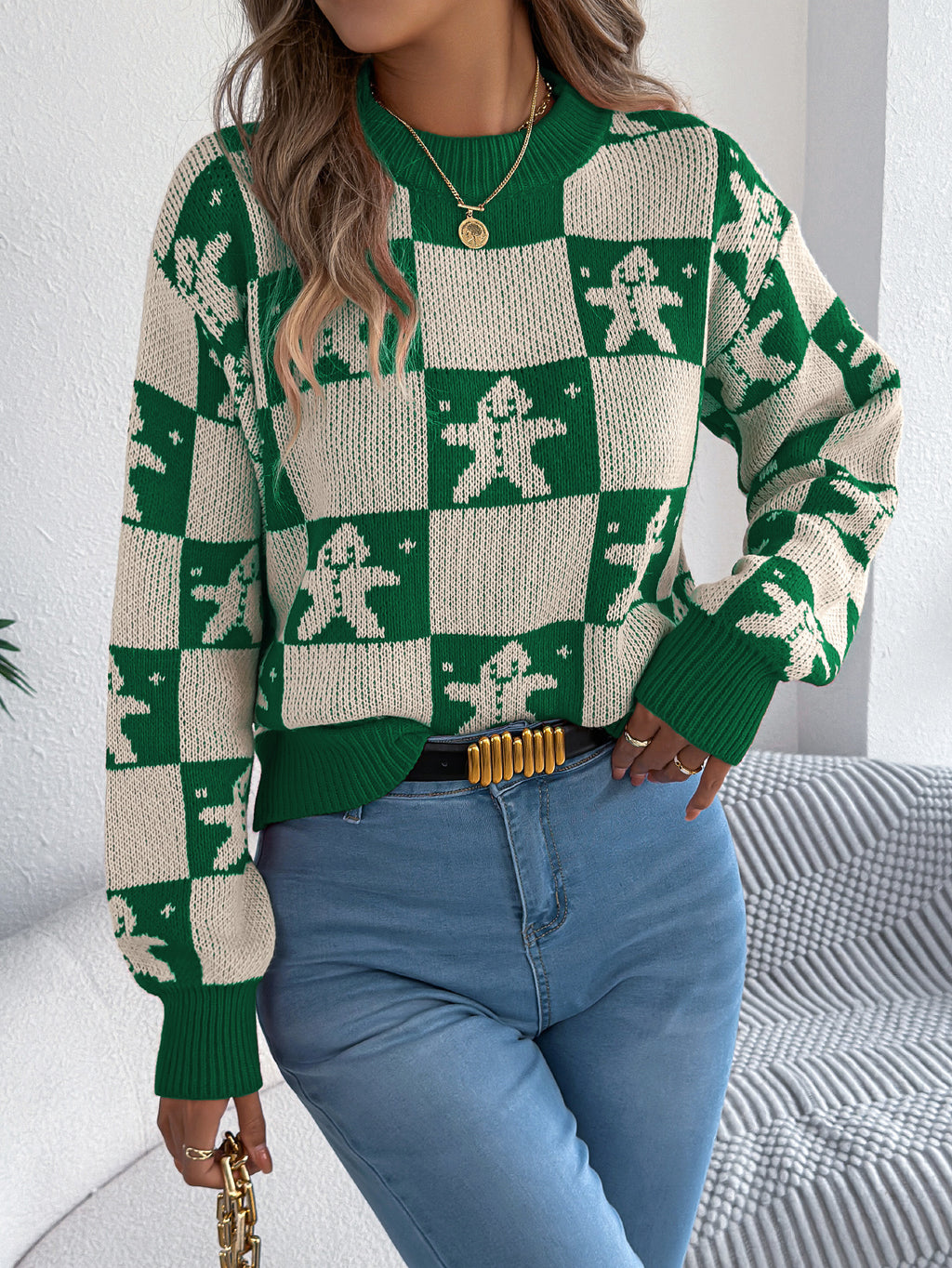 Snowflake Plaid Lantern Sleeve Pullover Sweater