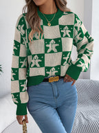 Snowflake Plaid Lantern Sleeve Pullover Sweater