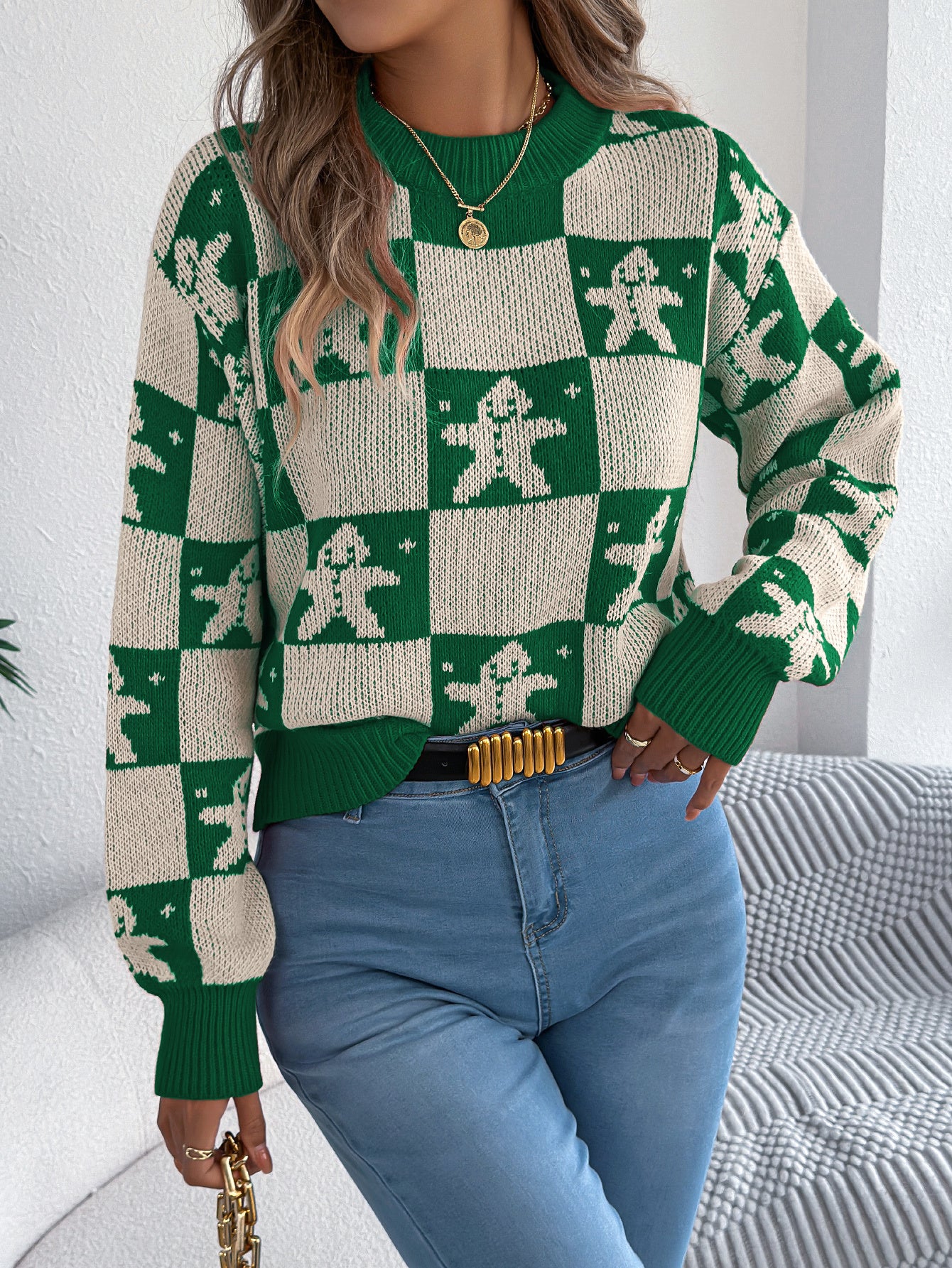 Snowflake Plaid Lantern Sleeve Pullover Sweater