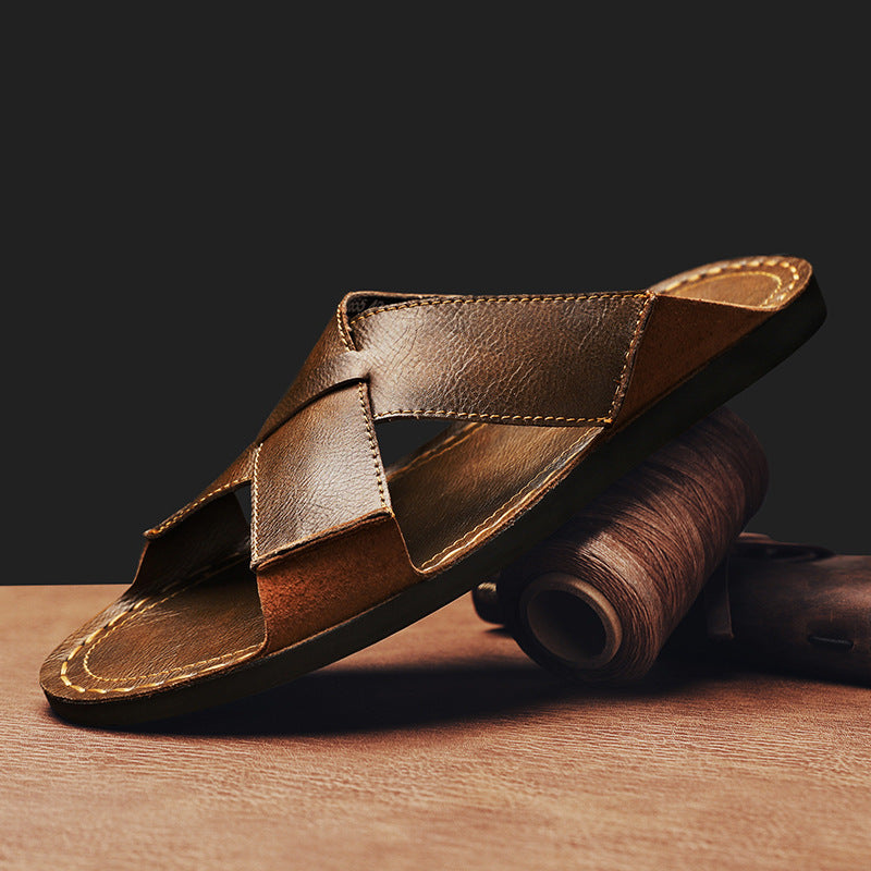 Summer New Genuine Leather Men's Breathable Casual Slip-on Beach Sandals