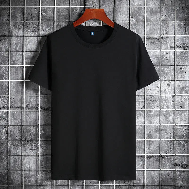 Cotton Short Sleeve T-shirt Men's Pure Color All-matching Round Neck Lycra Elastic Plus Size - The Premium