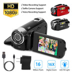 Black-Red Options - 1Pc HD 1080P Digital Video Camcorder 2.7in 16X Zoom DV Camera 270 Degree Rotation Rechargeable Kid Camera With Fill Light Selfie