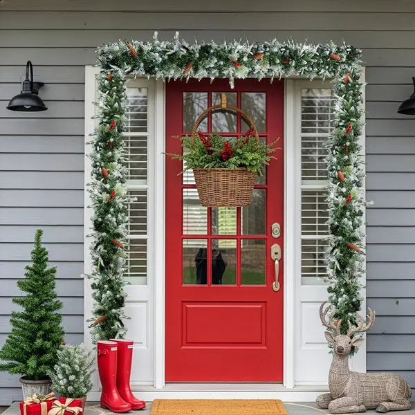 2 Pack 9FT Pre-lit Snow Flocked Christmas Garland, Lighted Artificial Xmas Garland With 200 Warm Lights And 440 Tips And Red Berries, For Front Door Gate Wall Xmas Party Decorations, Snowy Green - The Premium