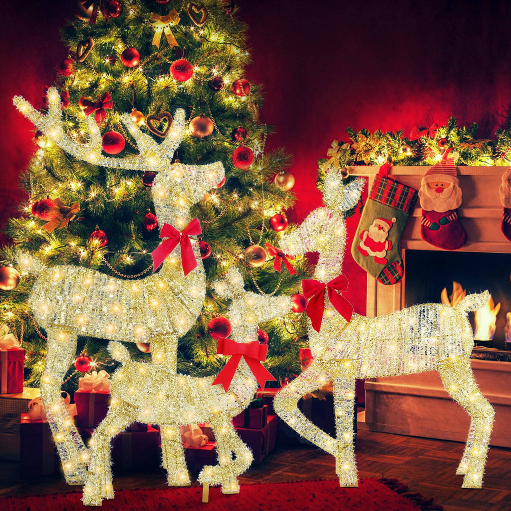 3Pcs In 1 Set 2D Lighted Christmas Deer Family Set Indoor Outdoor Light Up Reindeer Decorations Lighted Buck Doe Fawn Display With 8 Lighting Modes