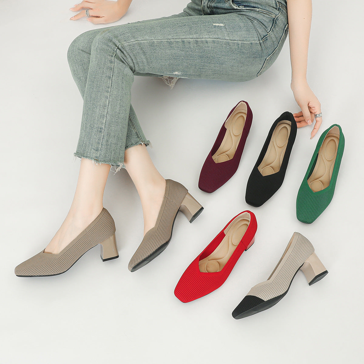 Women's Thick Head Stiletto Knitted Shoes Comfortable And Breathable For Commuting Versatile