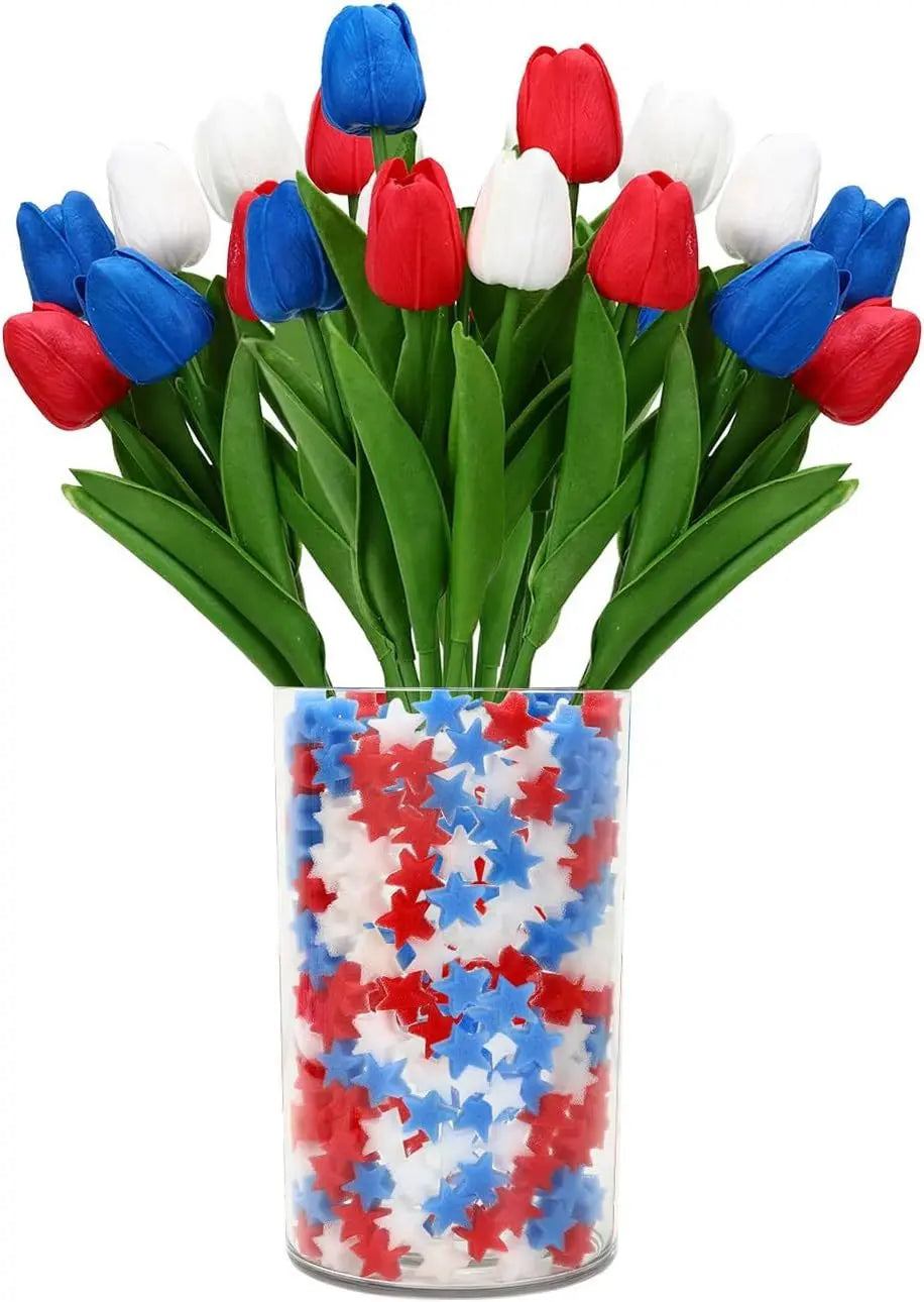 4th Of July Decorations, 12 Pcs Patriotic Artificial Tulips With 180 Pcs Red White Blue Sponge Stars Independence Day Vase Filler For Home Table Centerpiece Decor Clearance Sale - The Premium