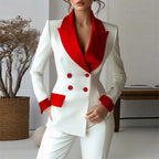 Women's Classic Notch Lapel Blazer, Double-Breasted Long Sleeve Jacket With Color-Block Waist Definition