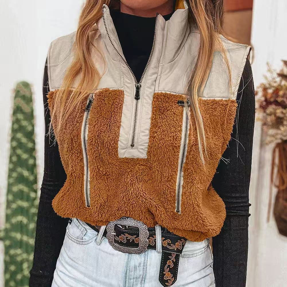 Women's Casual Stand Collar Stitching Wool Vest