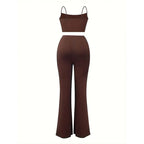 Women's Sexy Halter Crop Top With Drawstring Front And Flared Pants Two-piece Set