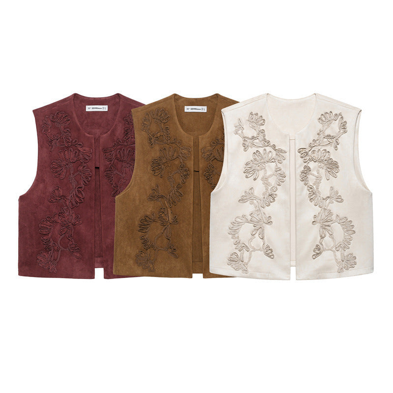 European And American Style Women's Fashion Casual Embroidery Suede Vest Jacket