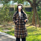 Women's Korean-style Plaid Coffee Woolen Overcoat