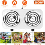 2 Color Options -- 1Pc 2000W Electric Double Burner Portable Coil Heating Hot Plate Stove Countertop RV Hotplate With Non Slip Rubber Feet 5 Temperature Adjustments