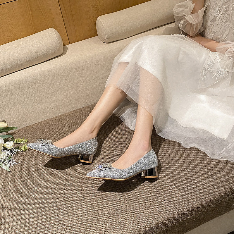 Silver French Style Mid Heel Ladies New Square Buckle Large Size Plus Sizes Pumps