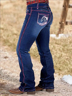 Women's Western Bootcut Jeans With Horse Embroidery, Mid-Rise Stretch Denim With Pink Contrast Stitching, Cowgirl Rodeo Style