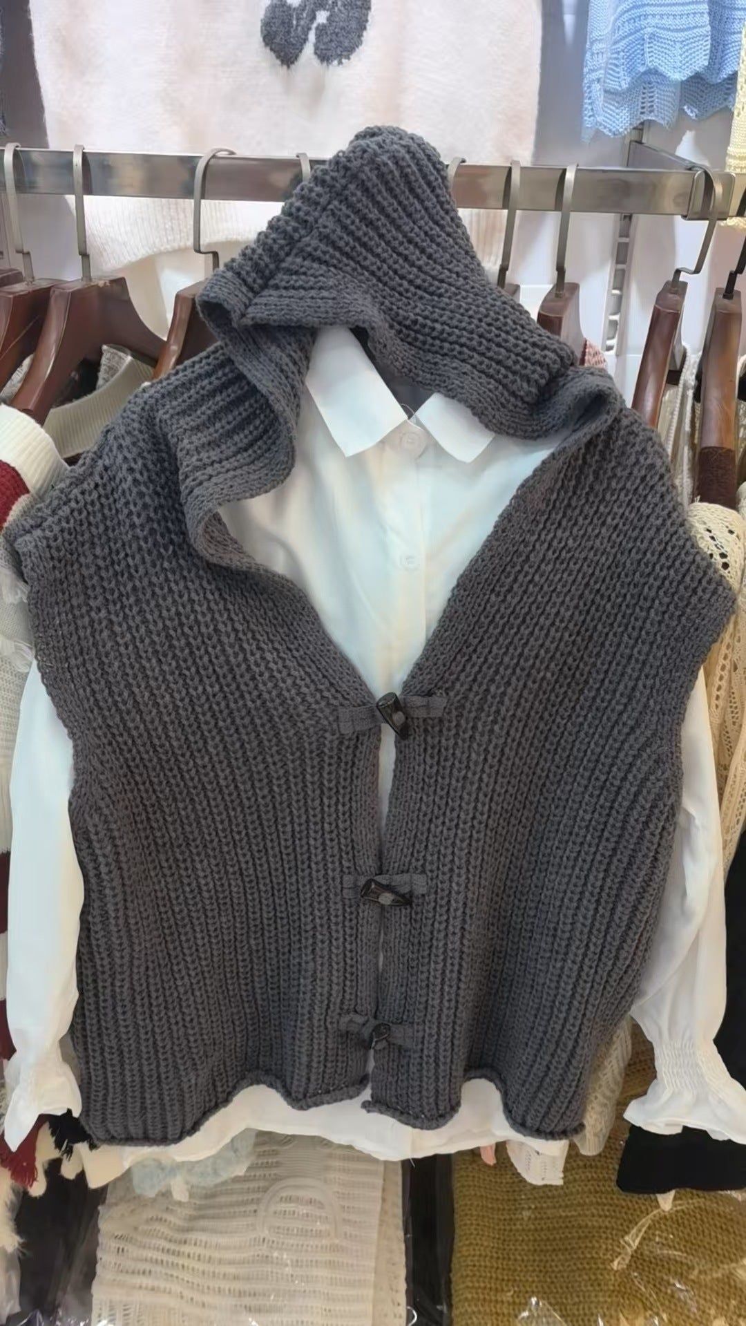 Solid Color Thick Needle Hooded Vest Knitted Cardigan