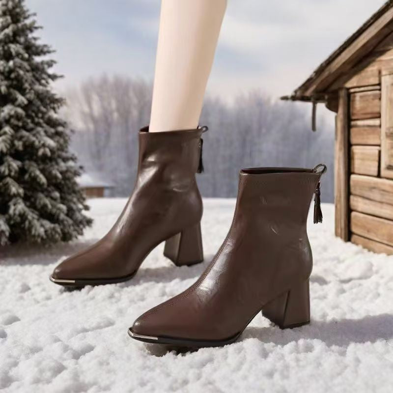 Pointed Toe Simple Fashion Chunky Heel Comfortable Retro All-matching Women's Boots