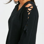 Hollow Knit Sweater Women Long Sleeve Tie Loose V-neck