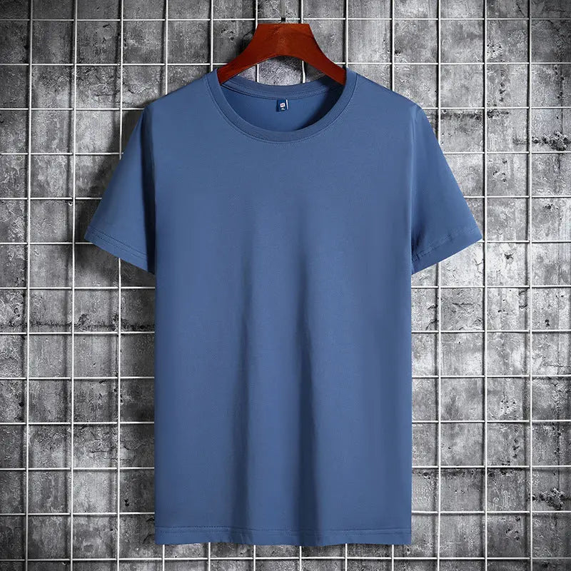 Cotton Short Sleeve T-shirt Men's Pure Color All-matching Round Neck Lycra Elastic Plus Size - The Premium