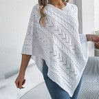 Women's Solid Color V-Neck Cape Sweater Batwing Sleeve Open-Knit Cardigan With Asymmetrical Hem