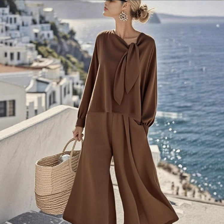 Women's Casual Solid Color Long Sleeve Top And Pants Two-Piece Set