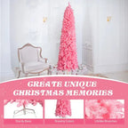 7.5 FT Hinged Christmas Tree, Artificial Pencil Christmas Tree, Unlit Artificial Christmas Pine Tree With 1075 Branch Tips And Sturdy Stand, Pink - The Premium