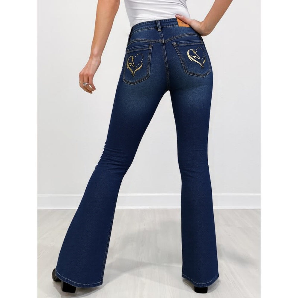 Gold Embroidered Horse Flare Jeans High-Waisted Dark Wash, Retro Western Cowgirl Chic, Festival Ready Must-Have Denim Pants