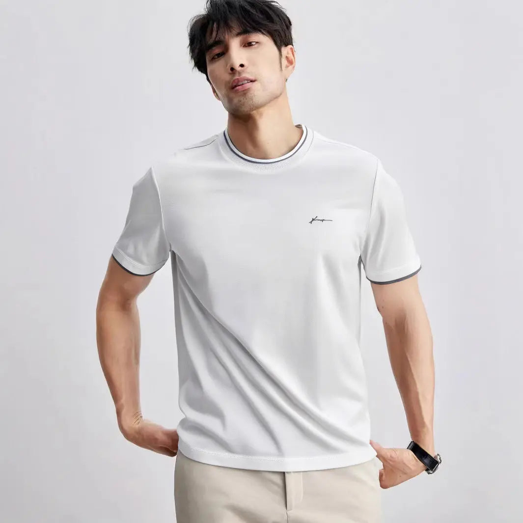 Trendy Color-blocked Round-neck T-shirt For Men With Personalized Artistic Signature Embroidery - The Premium