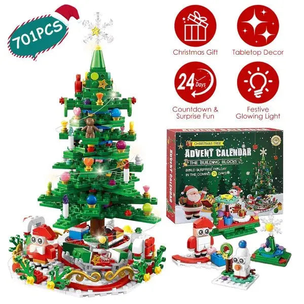 Christmas Tree Building Toy - 701 Pcs With 24-Day Countdown Calendar, 30 LED Warm Lights USB Powered - Santa, Ornaments, Snowflake Topper - Educational Blocks For Kids 3-6, Tabletop Decor - The Premium