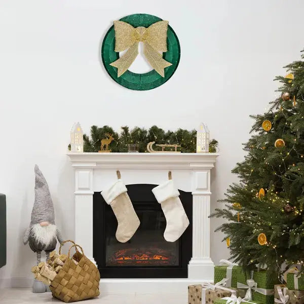 24in Pre-lit Outdoor Christmas Wreath Decoration, Lighted Metal Wreath With Golden Bow, Green And Warm White LED Lights, For Front Door Gate Wall Indoor Outdoor Holiday Party - The Premium