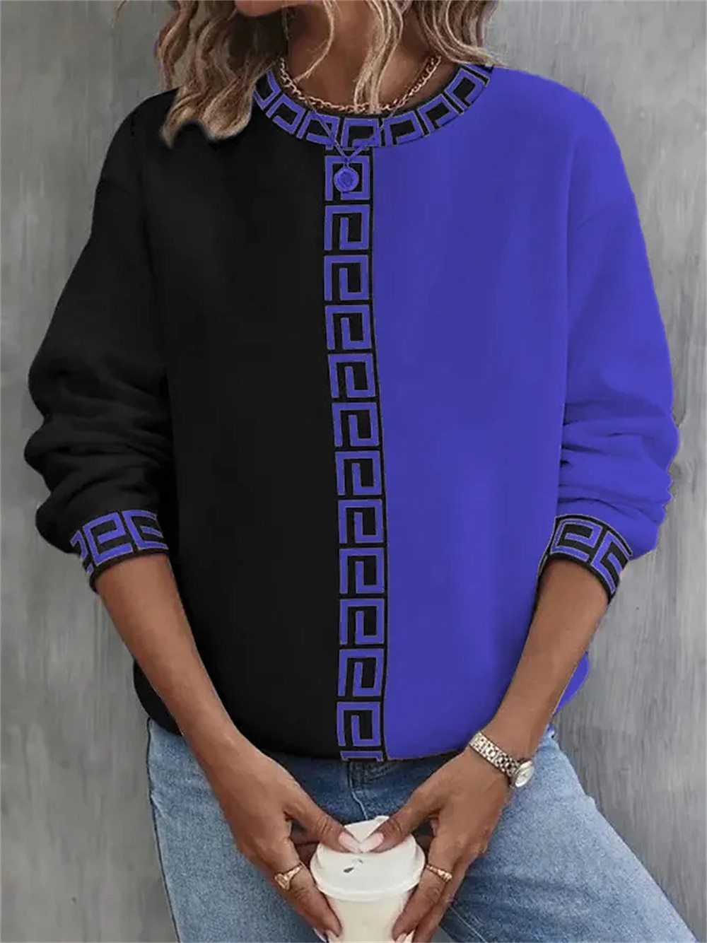 Color-blocked Hoodie Casual Sporty Round-neck Long-sleeve Top