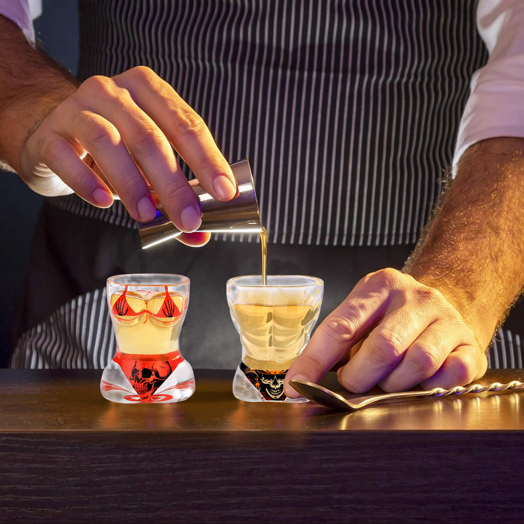 2 Pieces, Black Muscle Men's And Red Bikini Skull Style Glass Small Wine Glasses Bar Tools Christmas Gift, Halloween Gift, Birthday Gift, Company Party Gift, Universal Gift