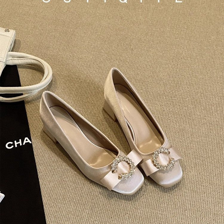 Bow Satin Square Toe Bridesmaid High Heels