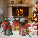 20PCS Christmas Treat Boxes With Ribbons Paper Christmas Tree Bells Pattern Goodie Box Retro Candy Bakery Box For Christmas Party Favors Wrapping Supplies