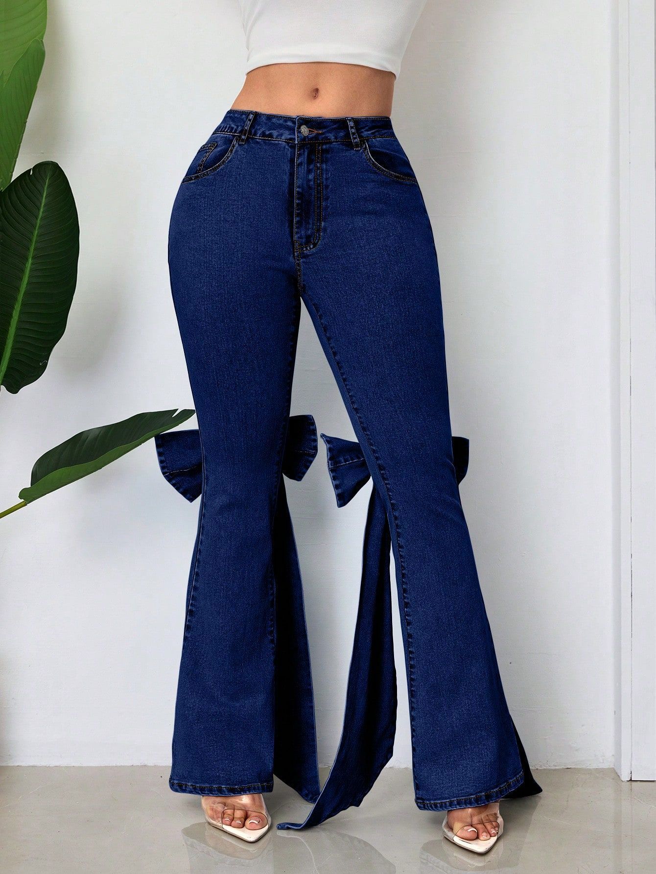 Three-dimensional Bow Slim-fit Mid-stretch Mop Horn Denim Trousers