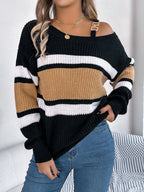 Casual Color Block Striped Lantern Sleeve Metal Button Off-Shoulder Pullover Sweater