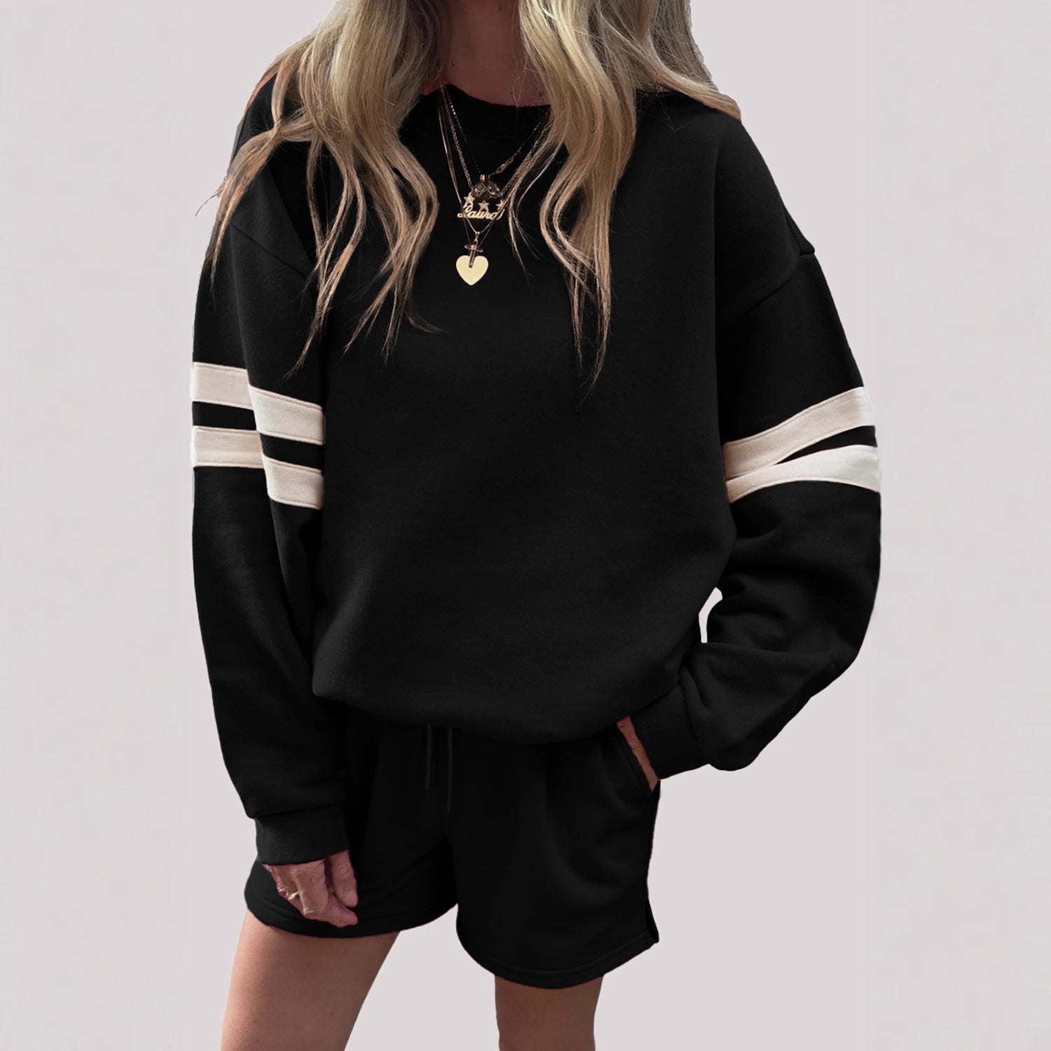 European And American Casual Loose Round Neck Sweatshirt And Shorts Two-piece Set