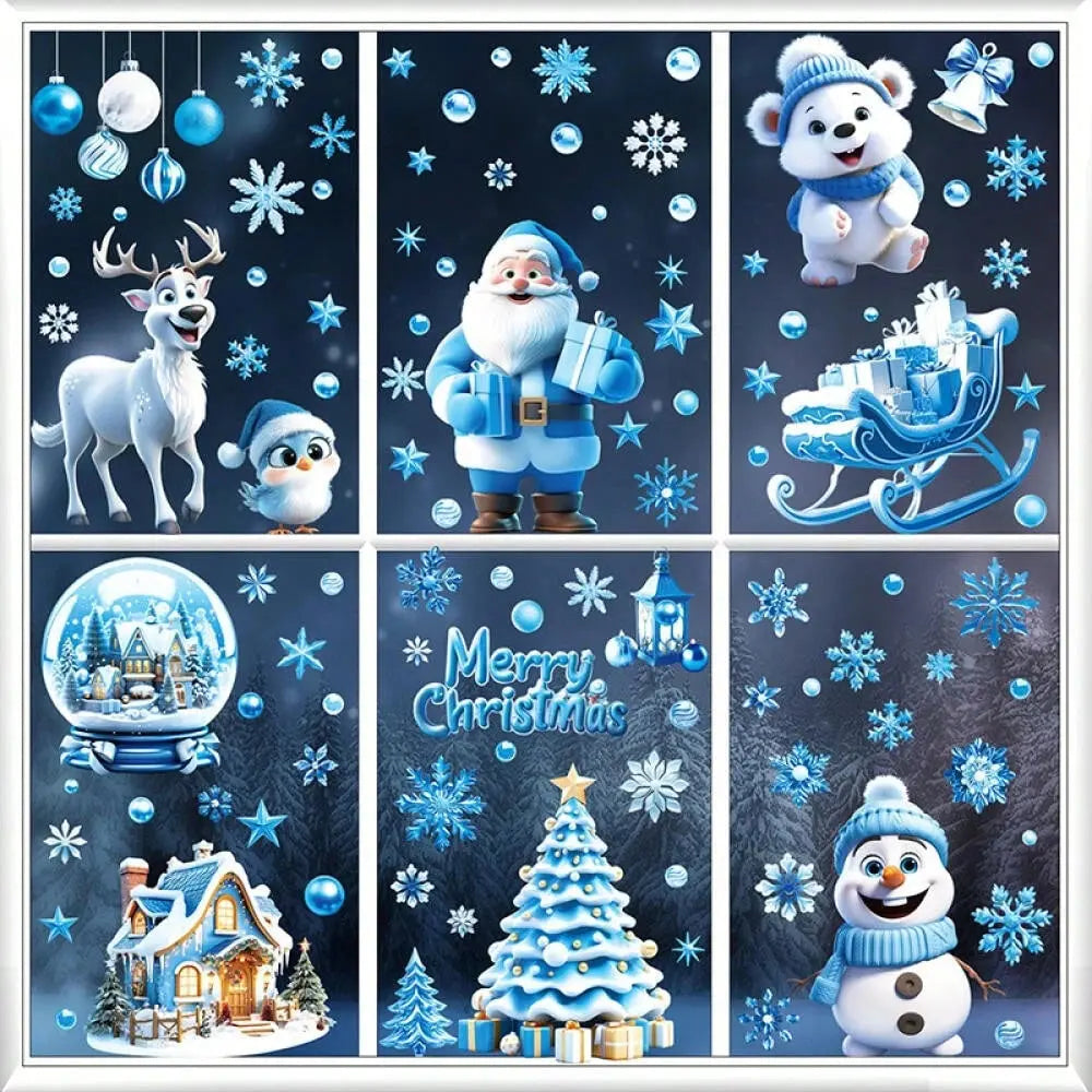 9 Sheets Christmas Window Stickers Blue Gnome Double-Sided Printed Xmas Self-Adhesive Window Sticker PVC Snowflakes Window Sticker For Christmas Home Window Indoor Garden Decoration - The Premium