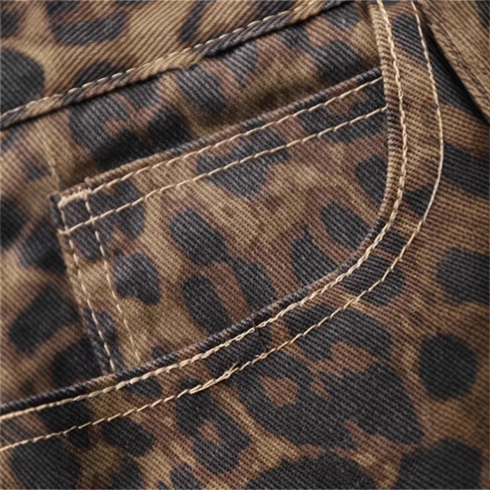 New American Vintage Leopard Print Jeans Straight Loose
