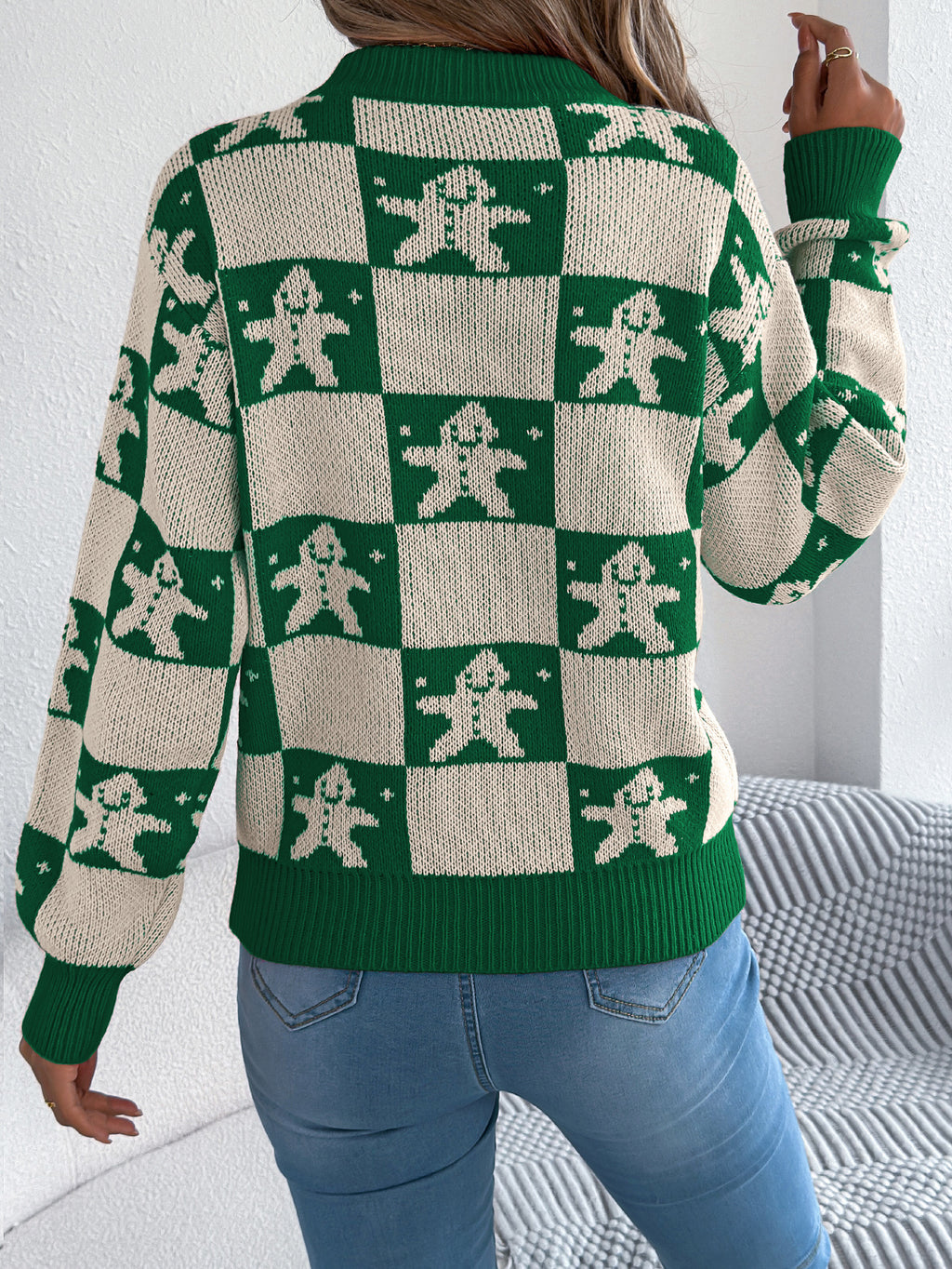 Snowflake Plaid Lantern Sleeve Pullover Sweater